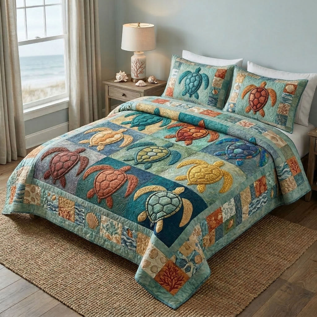 Sea Turtle Animal quilted 3-piece bedding set on a made bed with two matching pillow shams