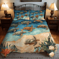 Sea Turtle Oasis quilted 3-piece bedding set on a made bed with two matching pillow shams