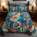 Seahorse Fairytale quilted 3-piece bedding set on a made bed with two matching pillow shams