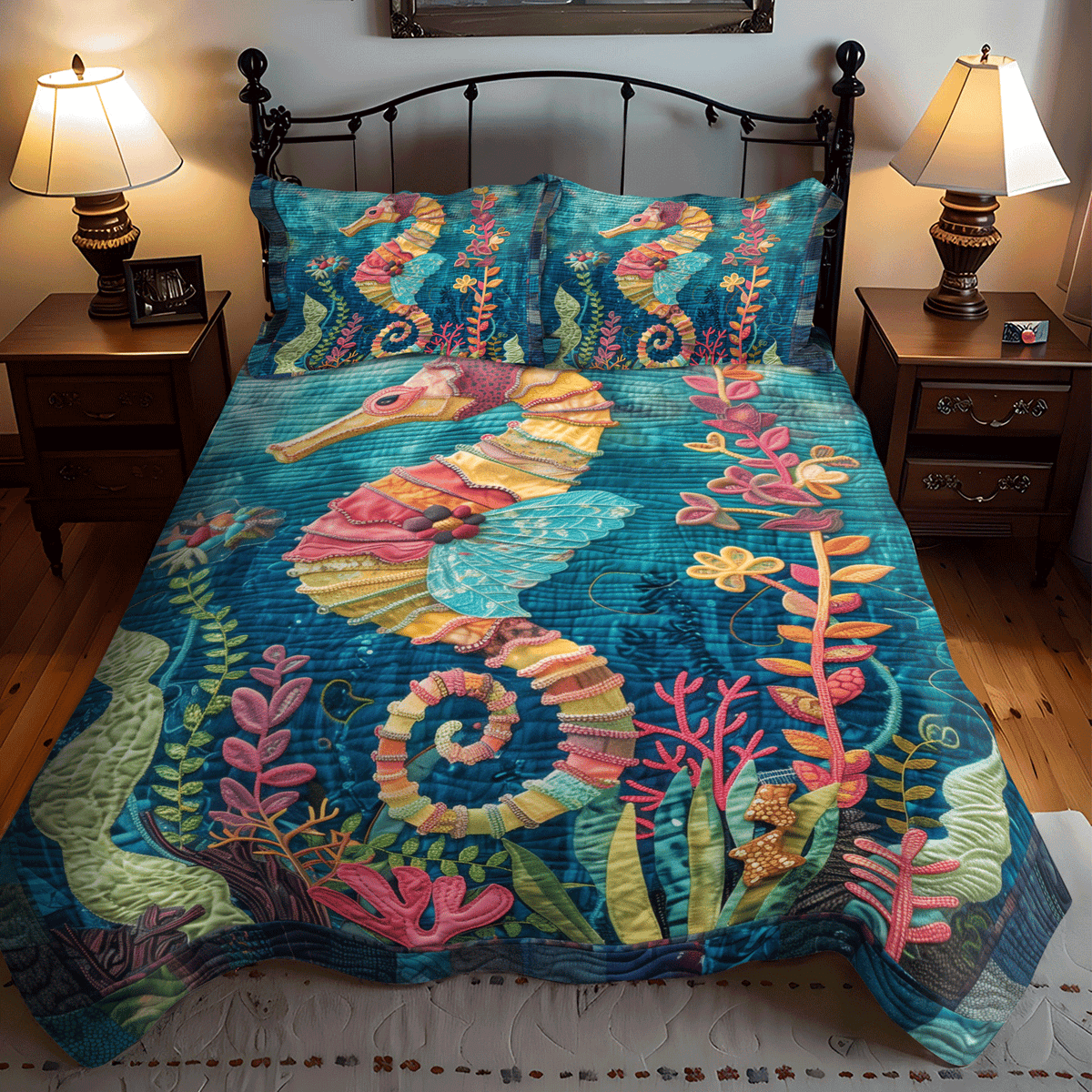 Seahorse Fairytale quilted 3-piece bedding set on a made bed with two matching pillow shams