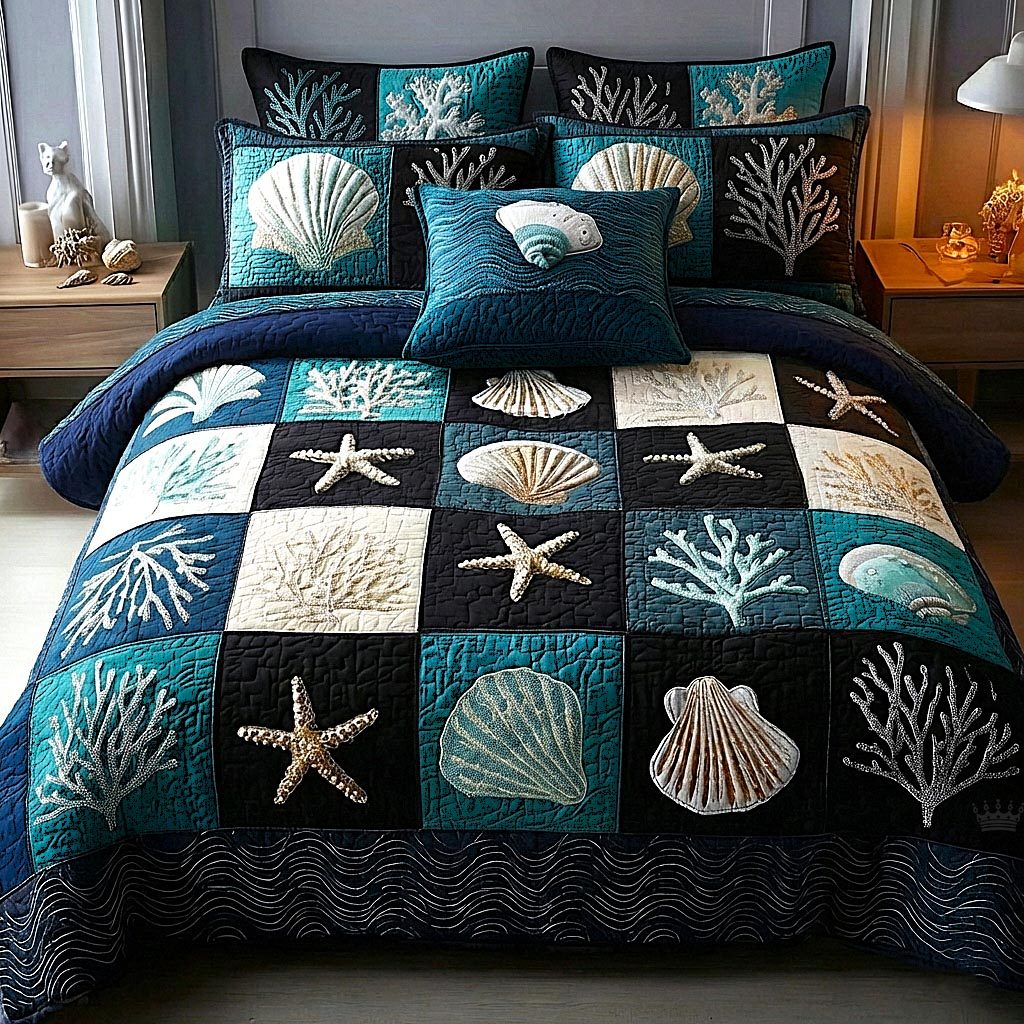 Seashell Calm quilted 3-piece bedding set on a made bed with two matching pillow shams