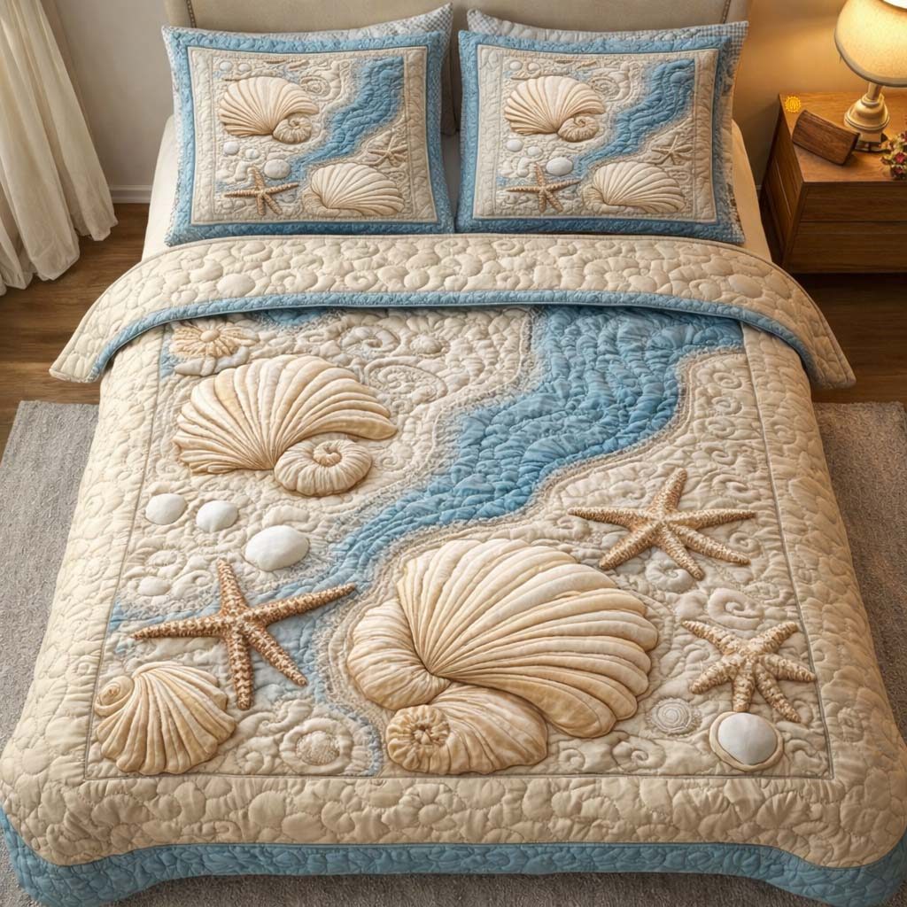 Seashell River quilted 3-piece bedding set on a made bed with two matching pillow shams