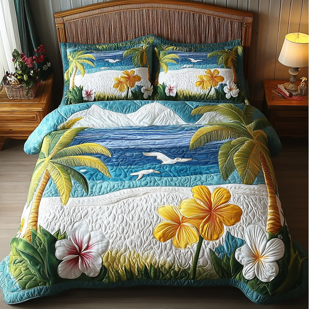 Seaside Bloom quilted 3-piece bedding set on a made bed with two matching pillow shams
