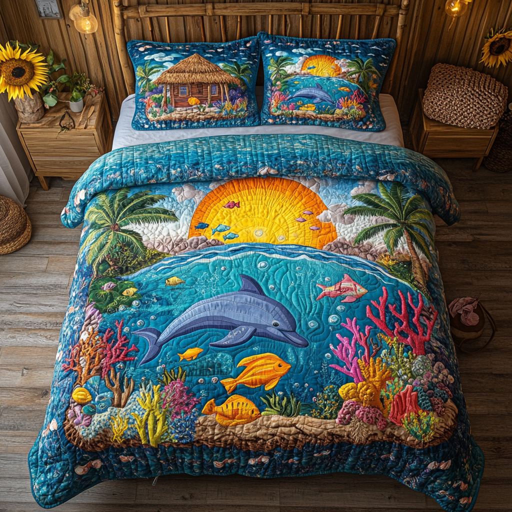 Seaside Charm quilted 3-piece bedding set on a made bed with two matching pillow shams