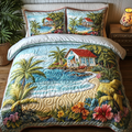 Seaside Escape quilted 3-piece bedding set on a made bed with two matching pillow shams