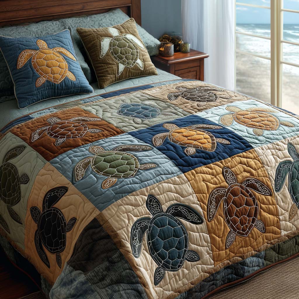 Seaside Journey quilted 3-piece bedding set on a made bed with two matching pillow shams