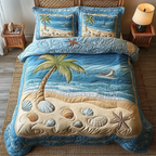 Seaside Serenity Beach quilted 3-piece bedding set on a made bed with two matching pillow shams