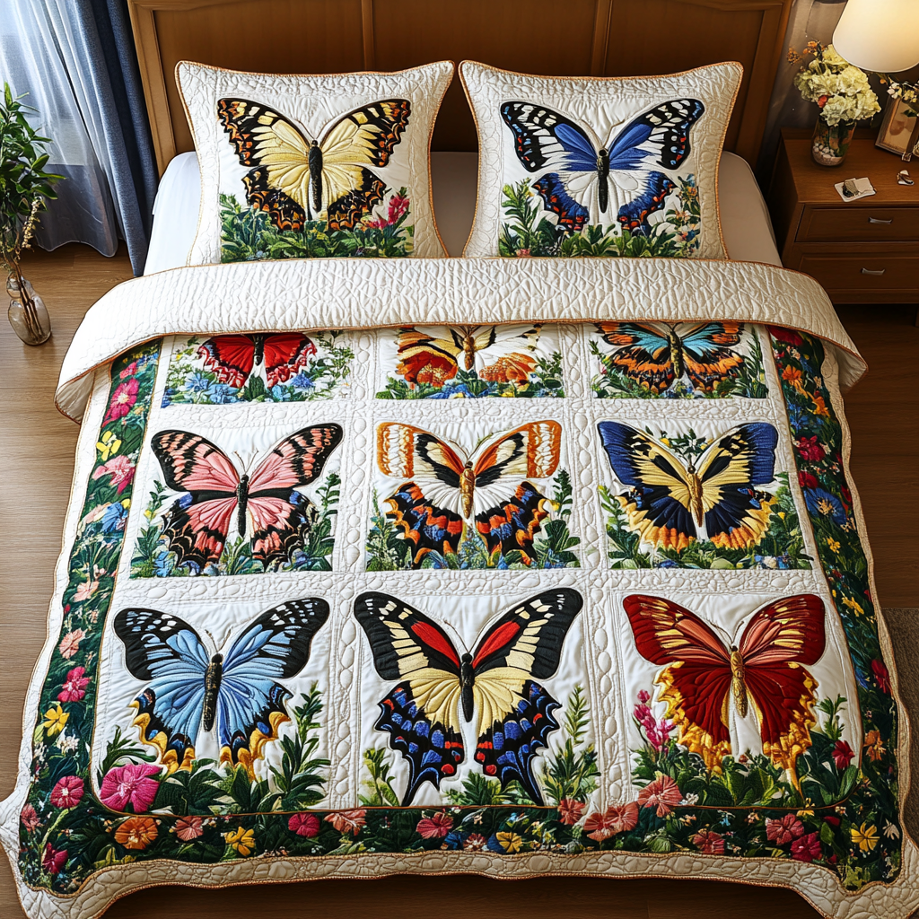 Serene Flight Bedspread quilted 3-piece bedding set on a made bed with two matching pillow shams