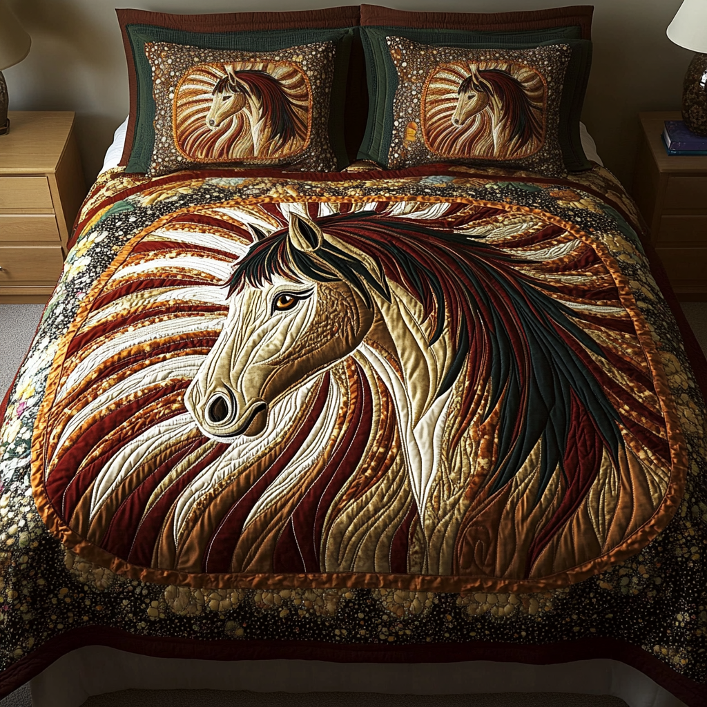 Serene Saddle quilted 3-piece bedding set on a made bed with two matching pillow shams