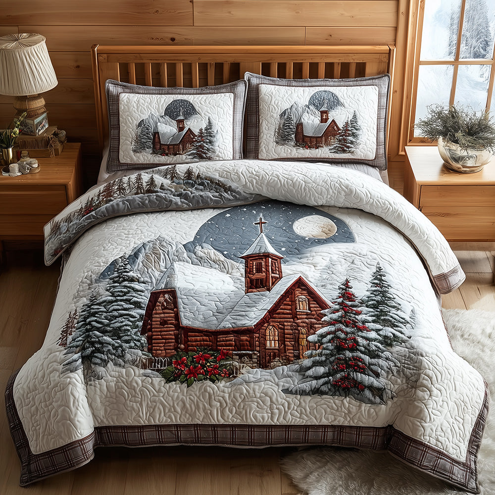 Silent Night Sanctuary quilted 3-piece bedding set on a made bed with two matching pillow shams