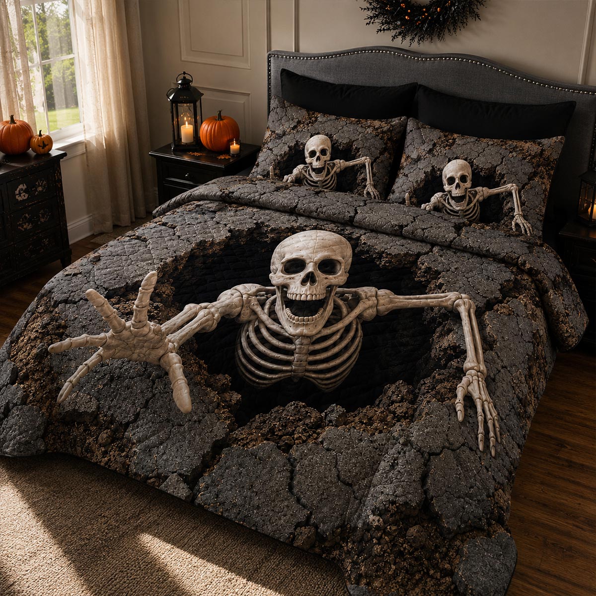 Skeleton Escape quilted 3-piece bedding set on a made bed with two matching pillow shams