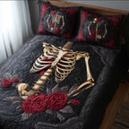 Skeleton Roses quilted 3-piece bedding set on a made bed with two matching pillow shams