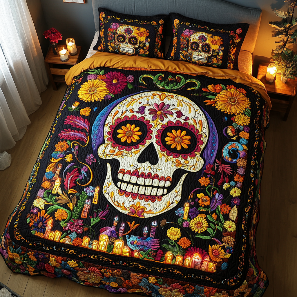 Skull Blossom quilted 3-piece bedding set on a made bed with two matching pillow shams