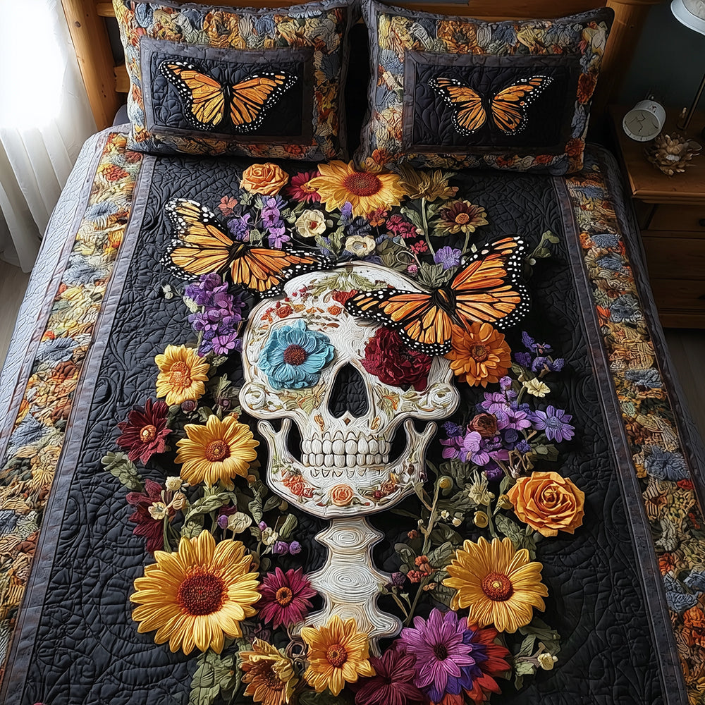 Skull Blossom Halloween quilted 3-piece bedding set on a made bed with two matching pillow shams