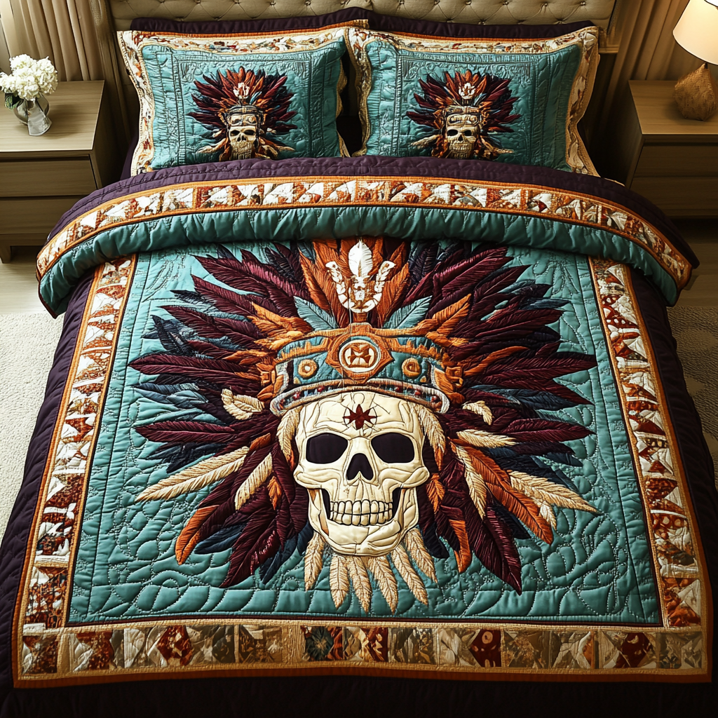 Skull Chief quilted 3-piece bedding set on a made bed with two matching pillow shams
