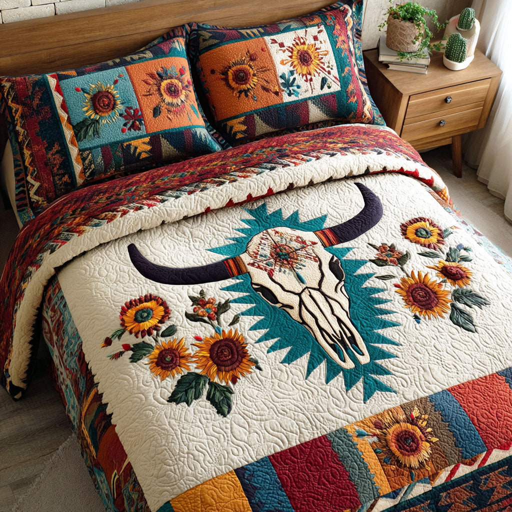 Skull Frontier quilted 3-piece bedding set on a made bed with two matching pillow shams
