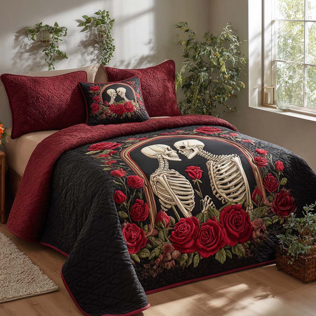 Skull Lovers quilted 3-piece bedding set on a made bed with two matching pillow shams