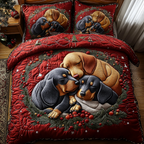 Sleepy Tail Tales quilted 3-piece bedding set on a made bed with two matching pillow shams