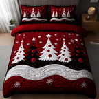 Snow Glow Christmas Tree quilted 3-piece bedding set on a made bed with two matching pillow shams