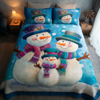 Snowman Cheer quilted 3-piece bedding set on a made bed with two matching pillow shams