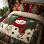 Snowman Glow Bedspread quilted 3-piece bedding set on a made bed with two matching pillow shams