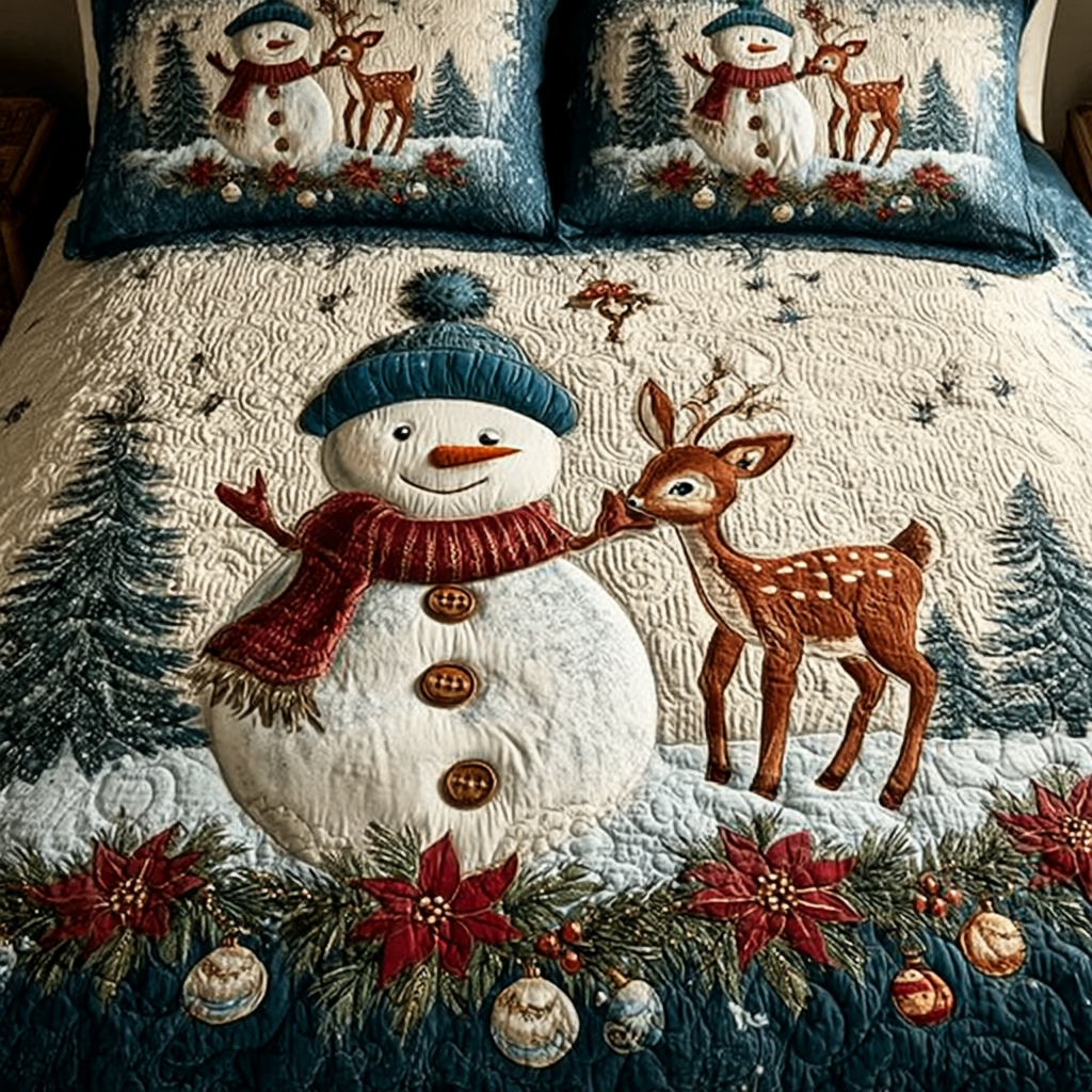 Snowman Glow Christmas quilted 3-piece bedding set on a made bed with two matching pillow shams