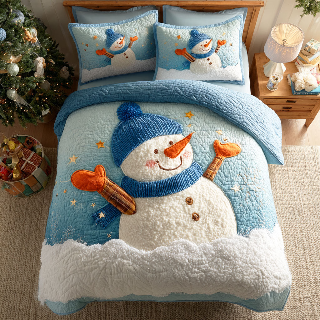 Snowman Joy Christmastree quilted 3-piece bedding set on a made bed with two matching pillow shams