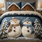 Snowman Moment quilted 3-piece bedding set on a made bed with two matching pillow shams