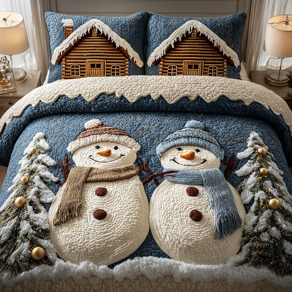 Snowman Moment quilted 3-piece bedding set on a made bed with two matching pillow shams