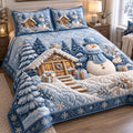 Snowmen Wonderland Christmas quilted 3-piece bedding set on a made bed with two matching pillow shams