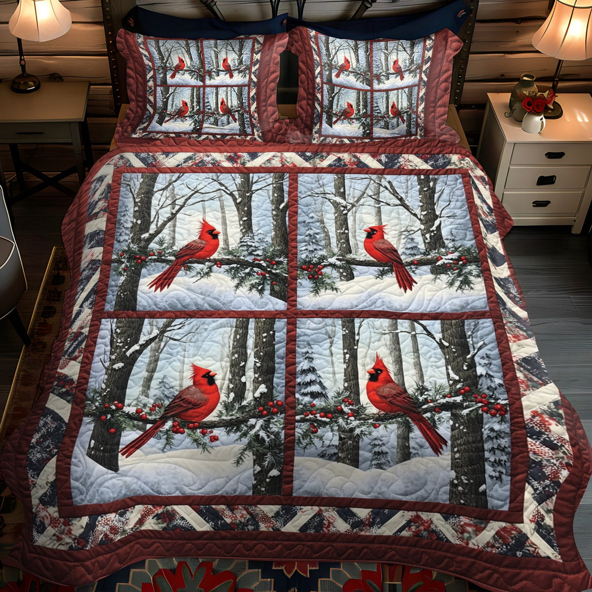 Snowy Cardinal Dreams Quilted Bedding Set quilted 3-piece bedding set on a made bed with two matching pillow shams