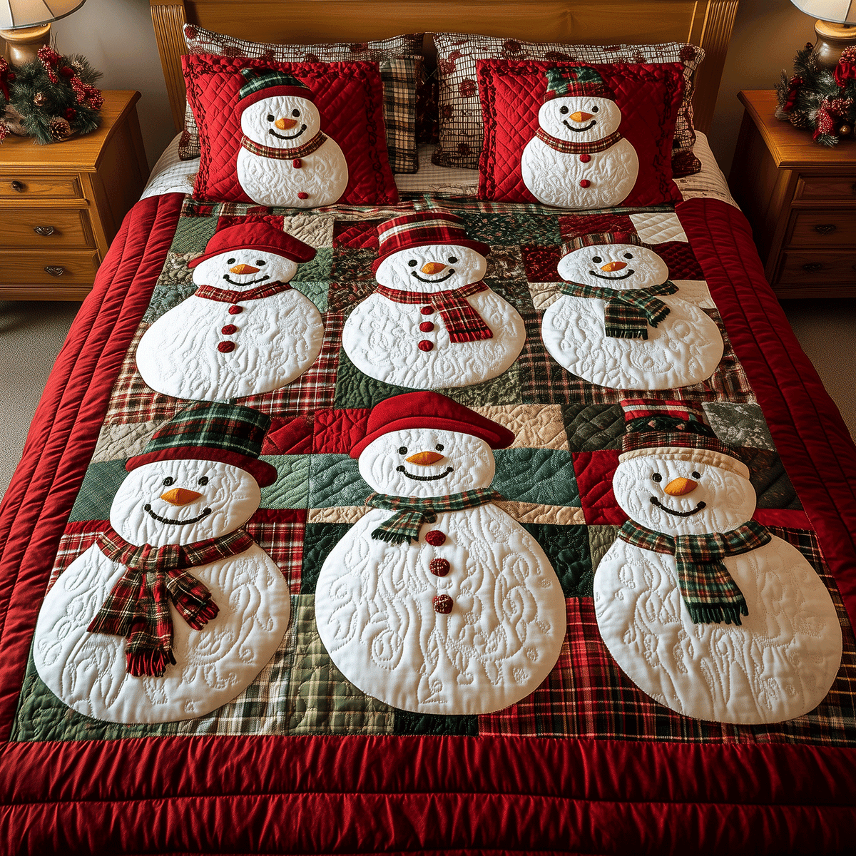 Snowy Friends Snowman quilted 3-piece bedding set on a made bed with two matching pillow shams