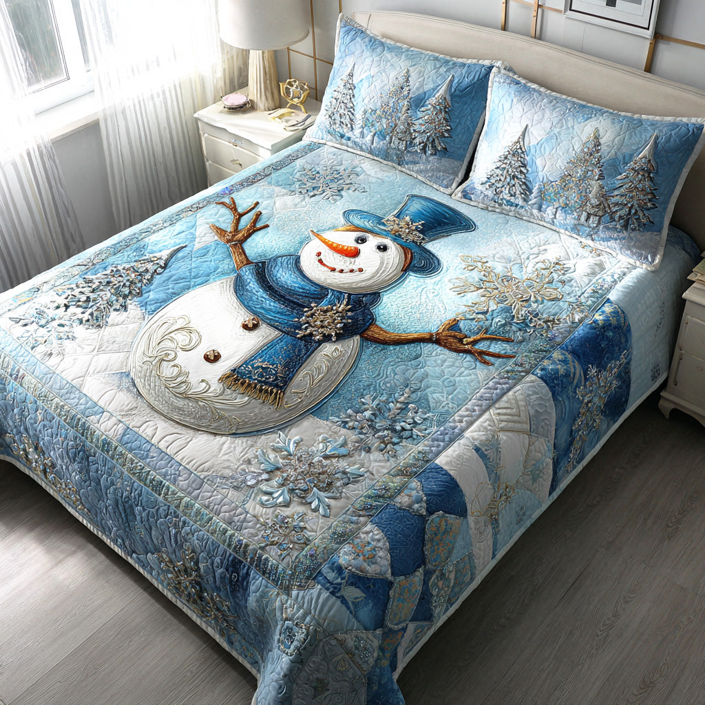 Snowy Lane Snowman quilted 3-piece bedding set on a made bed with two matching pillow shams