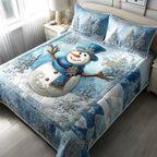 Snowy Lane Snowman quilted 3-piece bedding set on a made bed with two matching pillow shams