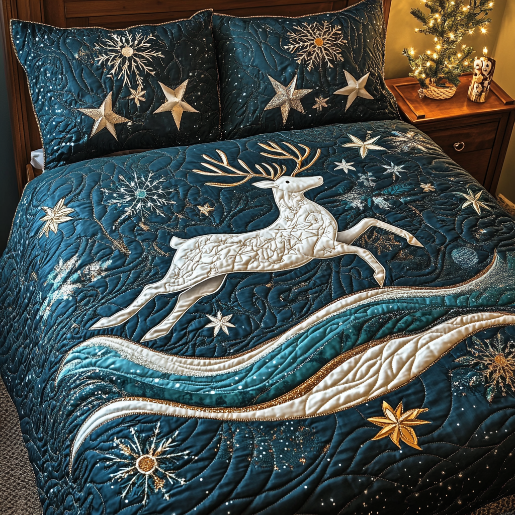 Snowy Reindeer quilted 3-piece bedding set on a made bed with two matching pillow shams