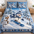 Snowy Snowmen quilted 3-piece bedding set on a made bed with two matching pillow shams