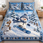 Snowy Snowmen quilted 3-piece bedding set on a made bed with two matching pillow shams