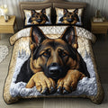 Snowy Watcher quilted 3-piece bedding set on a made bed with two matching pillow shams