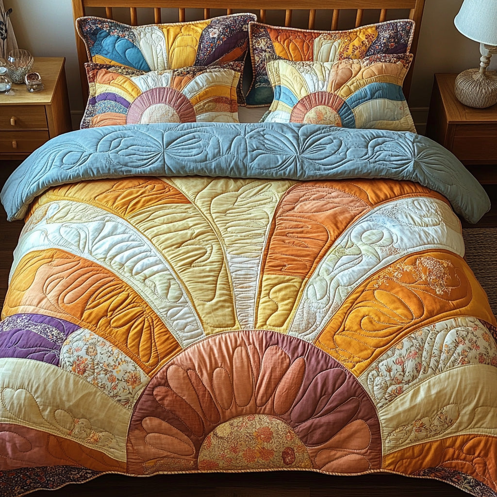 Solar Bliss quilted 3-piece bedding set on a made bed with two matching pillow shams