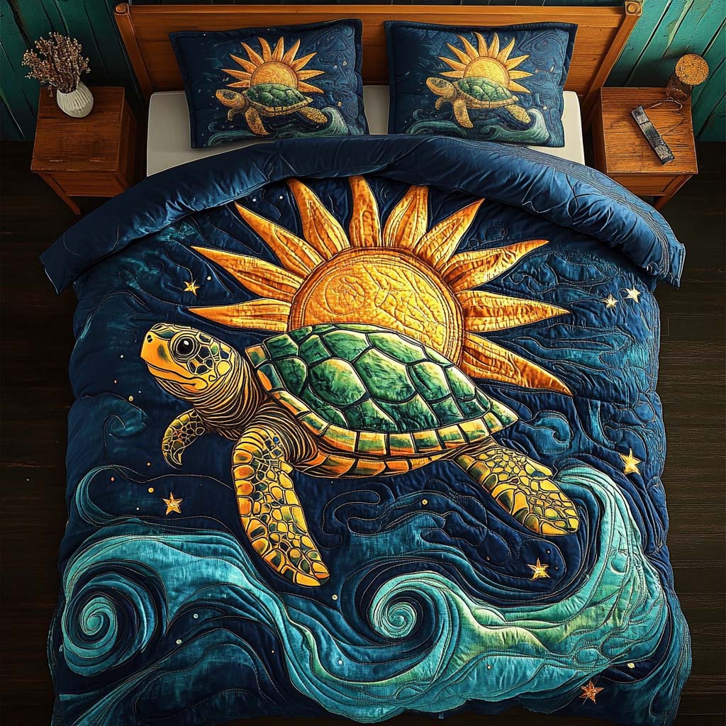 Solar Drift quilted 3-piece bedding set on a made bed with two matching pillow shams