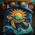 Solar Drift quilted 3-piece bedding set on a made bed with two matching pillow shams