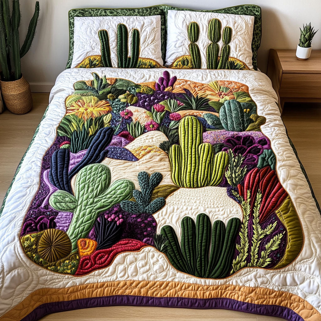 Sonoran Sunset quilted 3-piece bedding set on a made bed with two matching pillow shams
