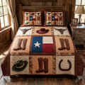 Southern Patchwork quilted 3-piece bedding set on a made bed with two matching pillow shams