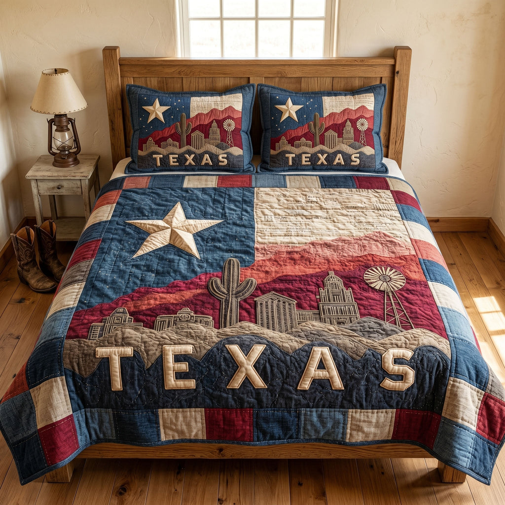 Southern Spirit Texas quilted 3-piece bedding set on a made bed with two matching pillow shams