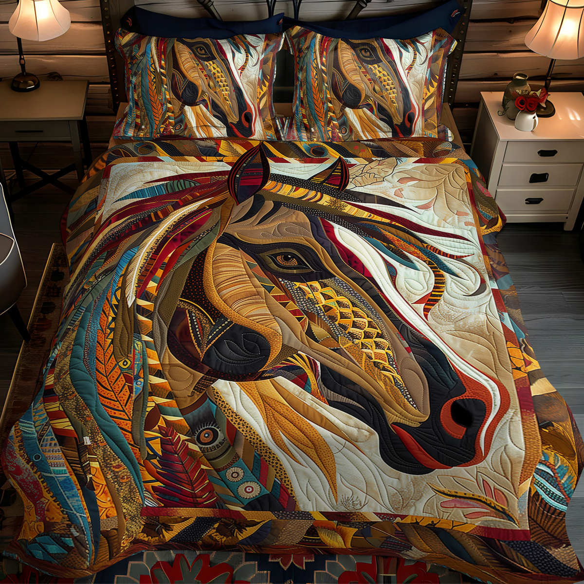 Southwest Canter quilted 3-piece bedding set on a made bed with two matching pillow shams