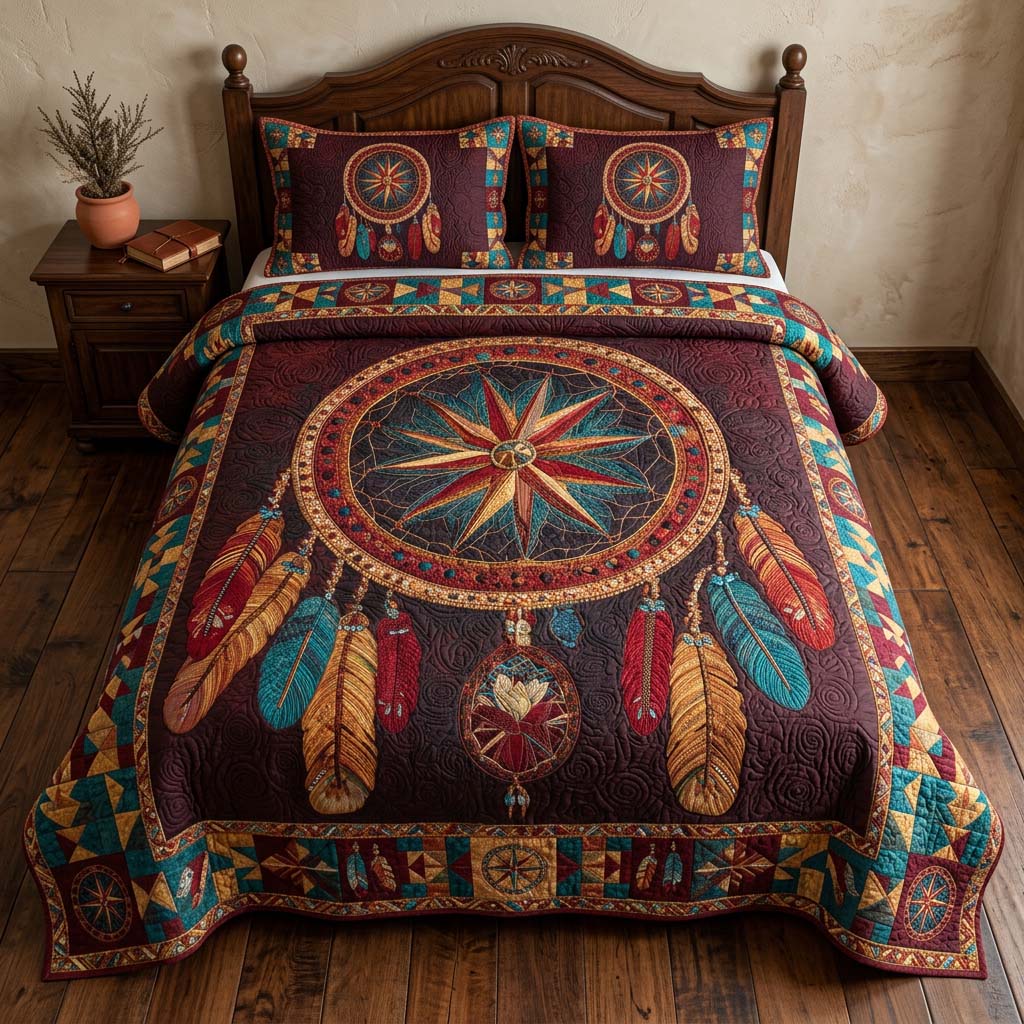 Southwest Compass Dreamcatcher quilted 3-piece bedding set on a made bed with two matching pillow shams