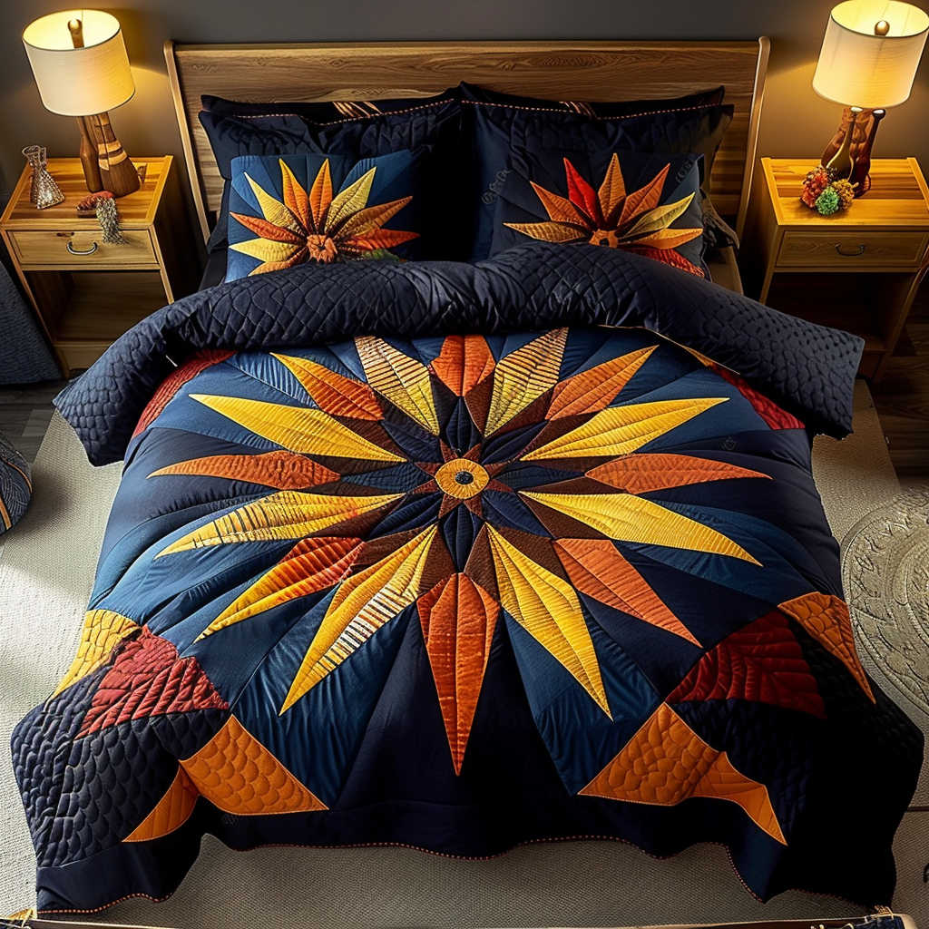 Southwest Cosmos quilted 3-piece bedding set on a made bed with two matching pillow shams