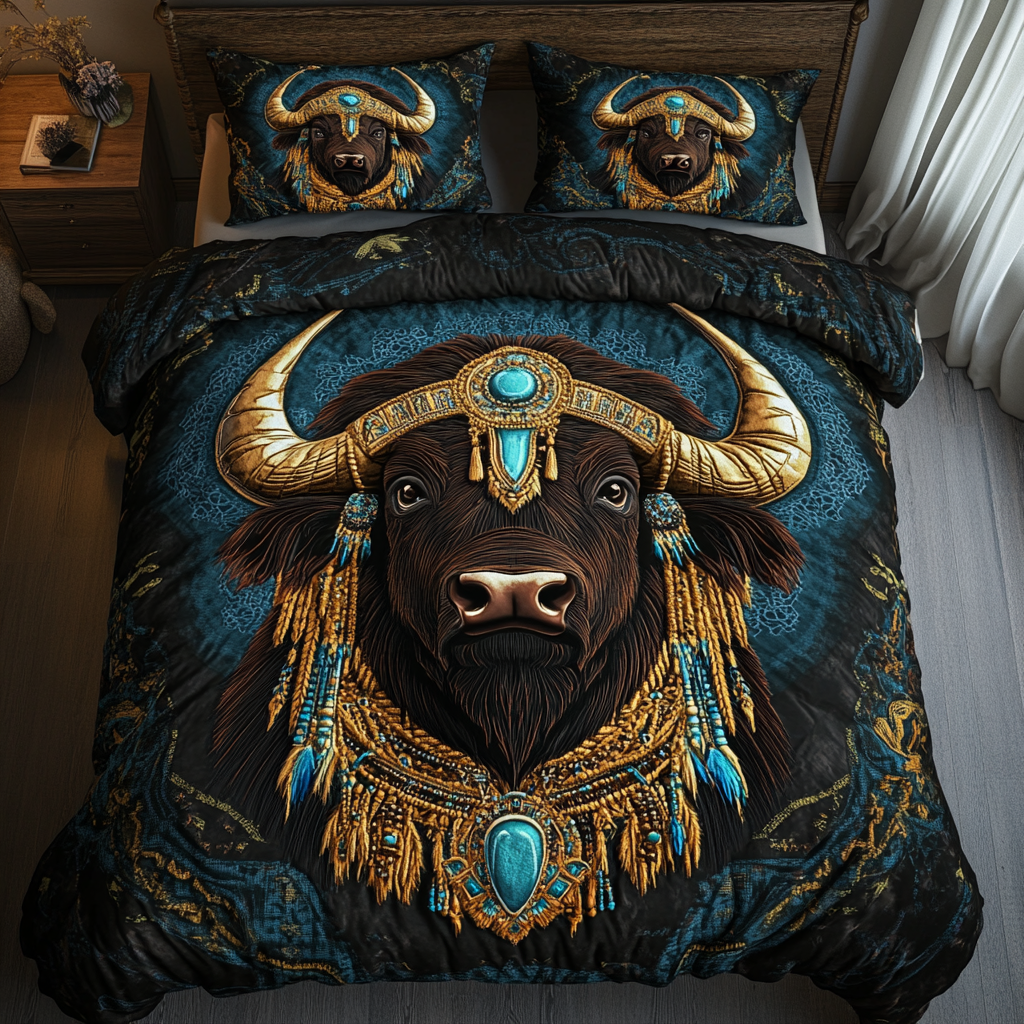 Southwest Elegance quilted 3-piece bedding set on a made bed with two matching pillow shams