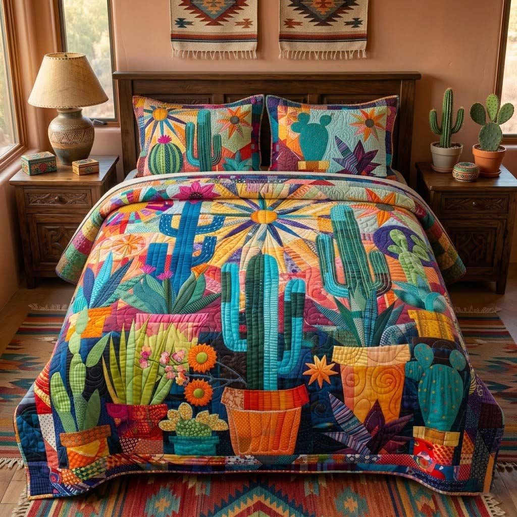 Southwest Garden Cactis quilted 3-piece bedding set on a made bed with two matching pillow shams