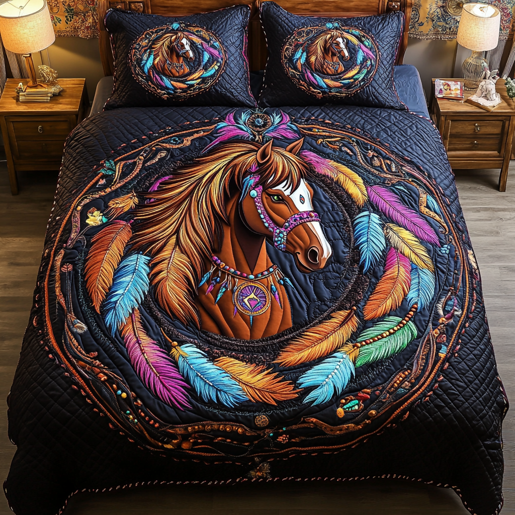 Southwest Grace quilted 3-piece bedding set on a made bed with two matching pillow shams